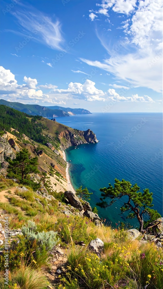 Fototapeta premium A serene coastal landscape with a tree on a cliff