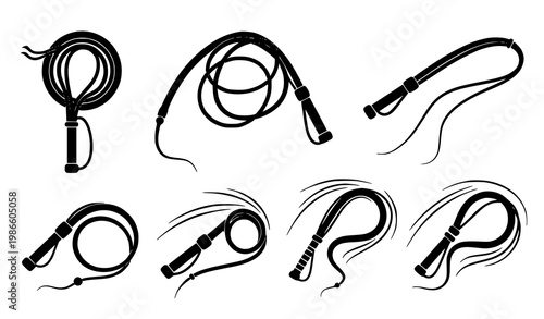 Whip silhouettes vector set leather whip icons isolated on white