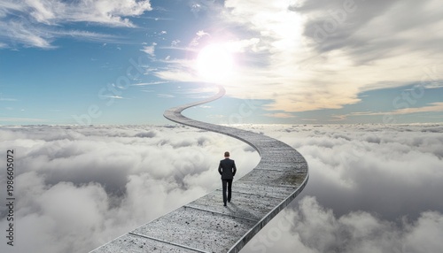 Man on cloud path to light.
