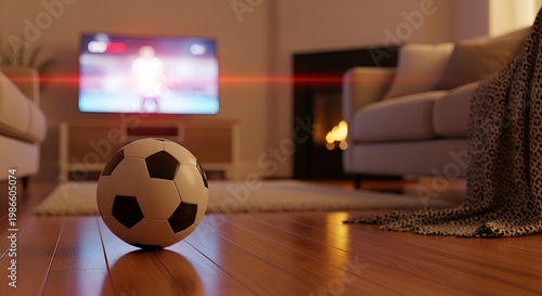 Cozy Living Room Scene with Soccer Ball and Fireplace.