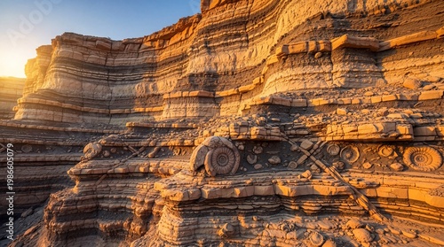 Layered rock formations with distinctive fossilized ammonites embedded in sedimentary cliffs, illuminated by warm sunlight during golden hour.