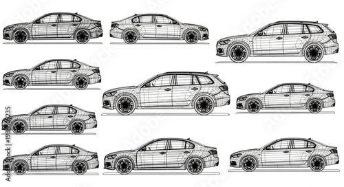 Collection of Hand Drawn Automotive Vehicle Sketches.