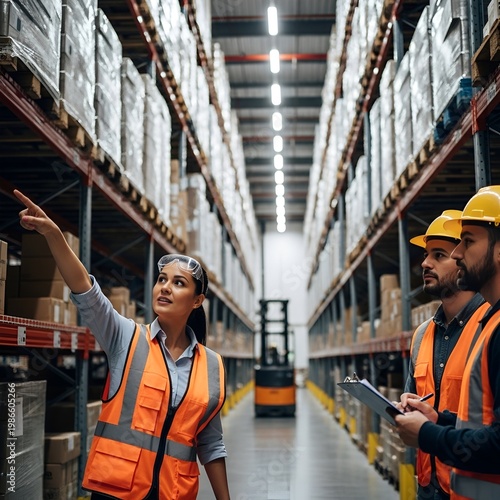 Warehouse workers collaborating and inspecting inventory on shelves with forklift in background.