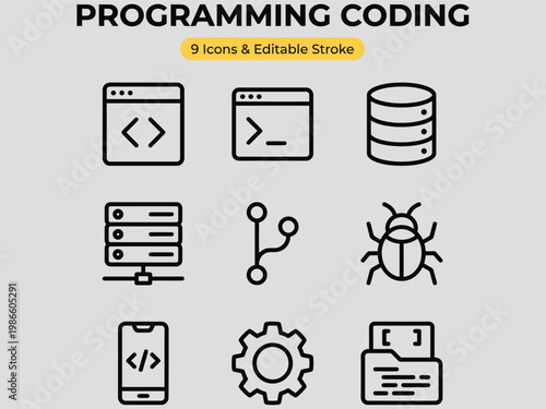 Set of nine programming coding icons with editable stroke isolated on gray background