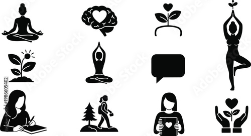 Collection of black silhouette icons representing wellness nature and mindfulness practices