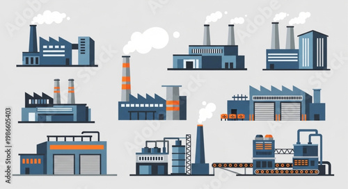 Collection of Industrial Factory Buildings with Smoke Stacks.