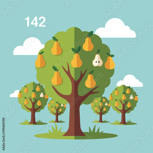 A pear tree with pears and clouds