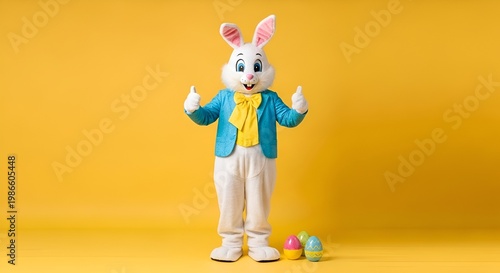 Easter Bunny Mascot with Colorful Eggs on Yellow Background.