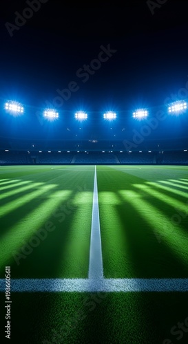 Illuminated Football Stadium Field at Night with Bright Lights.