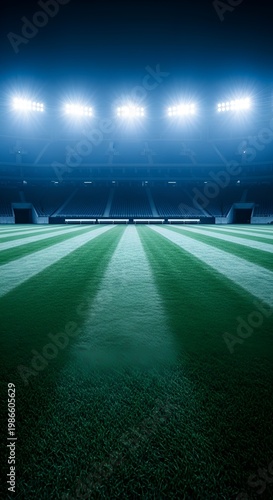 Empty professional sports stadium at night with bright floodlights and green grass field.