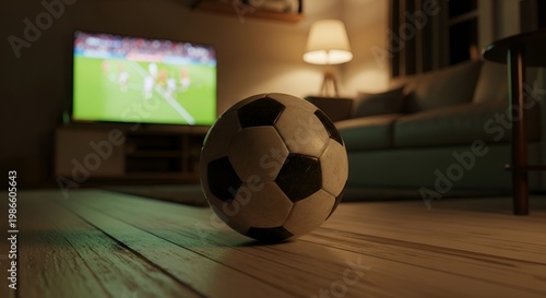 Soccer ball on wooden floor in living room with match on TV in background.