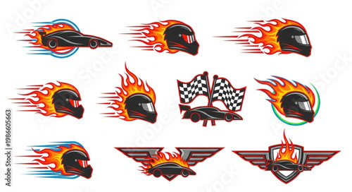 Set of Racing Helmets and Flags with Flames.