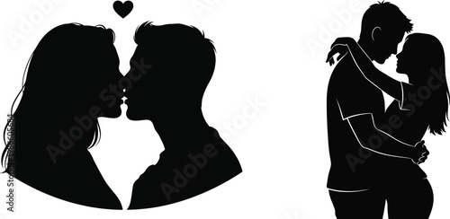 Silhouetted couple in love a romantic embrace with a heart shaped symbol