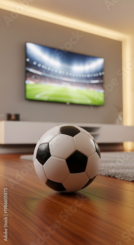 Soccer ball on table with stadium on TV screen.