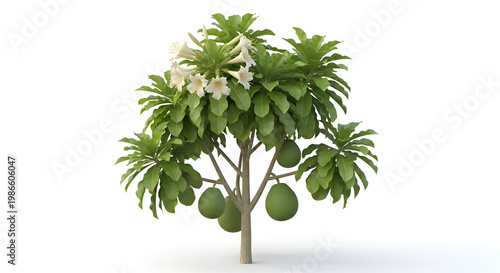 Mature papaya tree with green fruit.