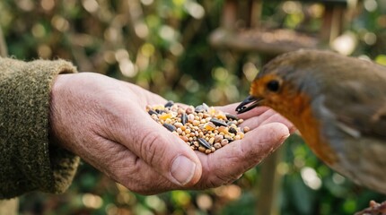 Hand feeding a robin bird with seeds in a garden