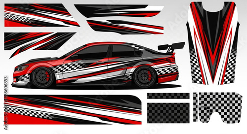Racing Car Decal Design Kit With Stripes and Checkered Flags.