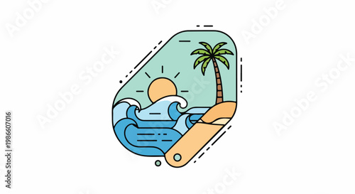 A surfboard on waves with a palm tree at sunset