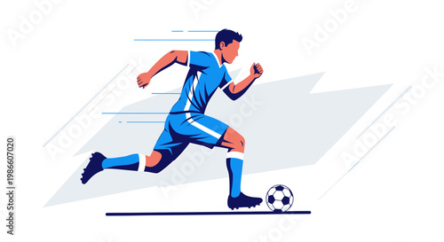 Dynamic illustration of a male soccer player in a blue uniform running with a football, depicting speed and action on the field.