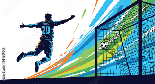 Dynamic illustration of a soccer player leaping to score a goal with a vibrant, abstract background.