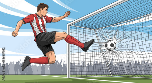 Male soccer player in red and white jersey powerfully kicks a soccer ball, breaking through the goal net during a match with a crowd in the background.