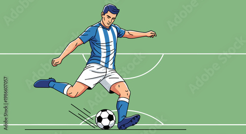 Bild auf Leinwand An illustration of a male soccer player in a blue and white striped jersey kicking a soccer ball on a green field during a game