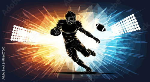 Dynamic illustration of an American football player in silhouette, running with the ball amidst a vibrant explosion of orange and blue light, with stadium lights in the background.