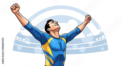 A triumphant athlete with arms raised in celebration against a backdrop of stadium lights and an arch.