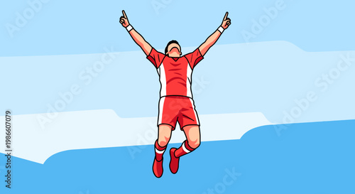 A soccer player in a red and white uniform jumps in the air with his arms raised in celebration.