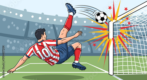 A soccer player in a red and white striped jersey performs a bicycle kick, aiming to score a goal against a net in a stadium.