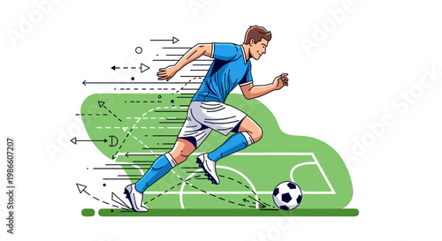 Dynamic illustration of a soccer player in action, dribbling a ball on a green field with strategic lines and motion effects.