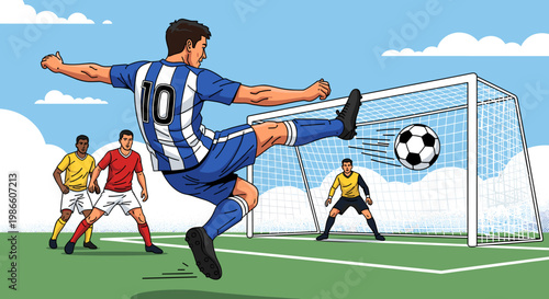 A soccer player in a blue and white striped jersey kicks the ball towards the goal defended by a goalkeeper, with teammates watching.