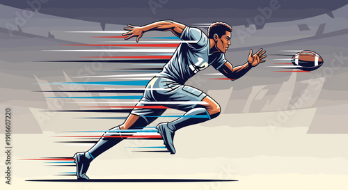 Dynamic illustration of a football player in motion, capturing the speed and intensity of the game with blurred lines and a determined expression.