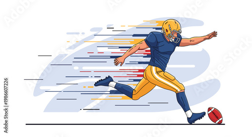Dynamic illustration of an American football player in mid-kick, with motion blur effects suggesting speed and action on the field.