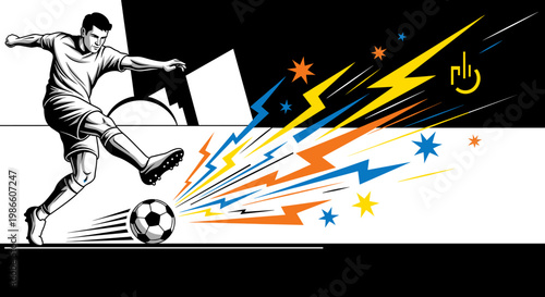 Dynamic illustration of a soccer player kicking a ball with energetic streaks and abstract shapes emanating from it.