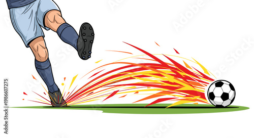 A dynamic illustration captures the powerful moment a soccer player kicks a ball, creating a fiery trail of motion.