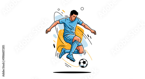 Dynamic illustration of a soccer player in mid-air, skillfully dribbling a ball with vibrant abstract shapes in the background.