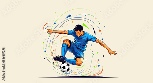 Dynamic illustration of a male soccer player performing a skillful trick with the ball, surrounded by abstract colorful swirls and particles.