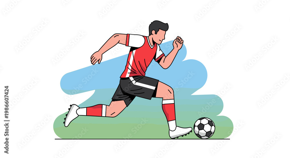Obraz premium A dynamic illustration of a male soccer player in a red and white uniform dribbling a soccer ball on a green field with a blue sky background.