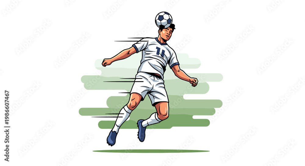 Fototapeta premium A dynamic illustration of a soccer player in mid-air, skillfully heading a soccer ball during a game.