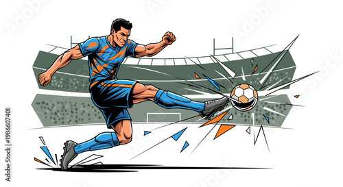 Dynamic illustration of a muscular soccer player in a blue and orange uniform powerfully kicking a soccer ball on a stadium background.