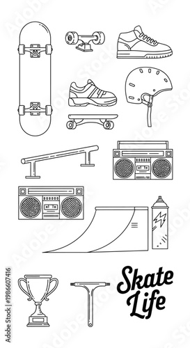 Skateboarding Equipment Line Art Illustration for Urban Lifestyle