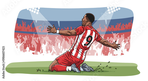 A soccer player in a red and white striped jersey with the number 9 on his back celebrates a goal by kneeling on the field with his arms outstretched.
