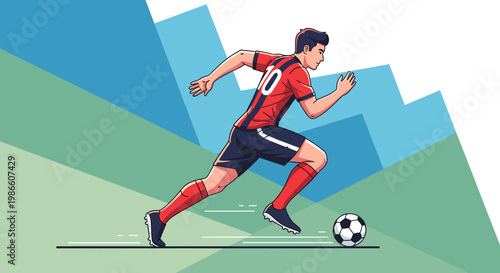 A dynamic illustration of a male soccer player in a red jersey dribbling a ball during a game.