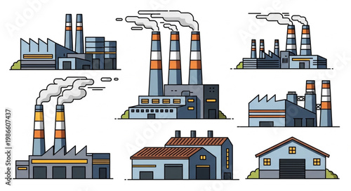Collection of Industrial Factory Buildings with Smoke Stacks.