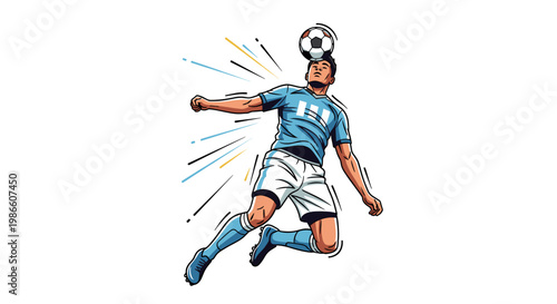 Dynamic illustration of a soccer player in mid-air, powerfully heading a football during a match.
