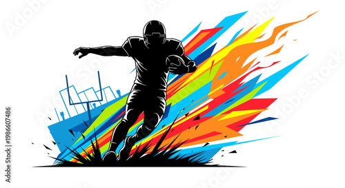 Dynamic silhouette of an American football player running with the ball, surrounded by an explosion of vibrant, abstract colors and energetic shapes, with subtle goalposts in the background.