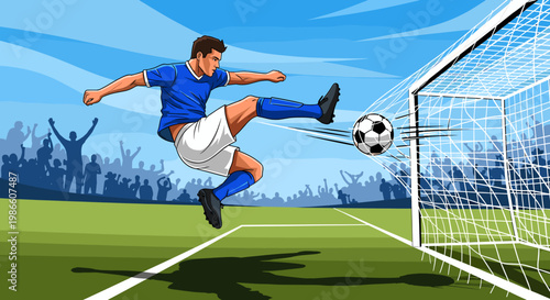 Dynamic illustration of a male soccer player in a blue jersey scoring a goal during a match on a green field with a cheering crowd.