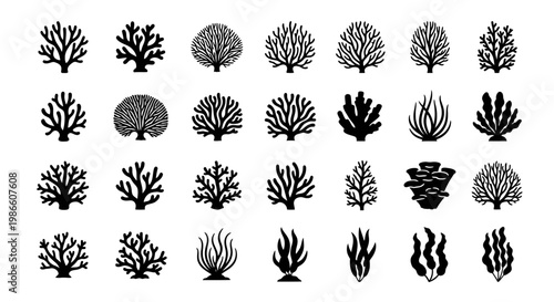 Collection of various black silhouette stylized sea flora, showcasing diverse forms of coral and underwater plants