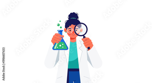 Scientist in lab coat holding a bubbling flask and magnifying glass, conducting an experiment.
